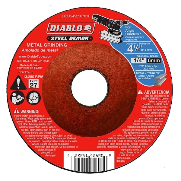 Disco de lijado Diablo Steel Demon, 4-1/2 in de diámetro, 7/8 in de arbor, Abrasivo de cerámica - DBDS45250701F.