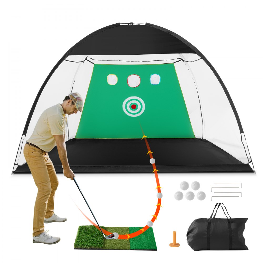 VEVOR Golf Net, 10x7ft All in 1 Golf Practice Net, Indoor Outdoor Home Golf Swing Training, Golf Hitting Aid Net with Target/Turf Mat/Balls/Tee/Carry Bag, for Backyard Driving Chipping, Gift for Men - ZPK10X7YCTZHV7TUSV0