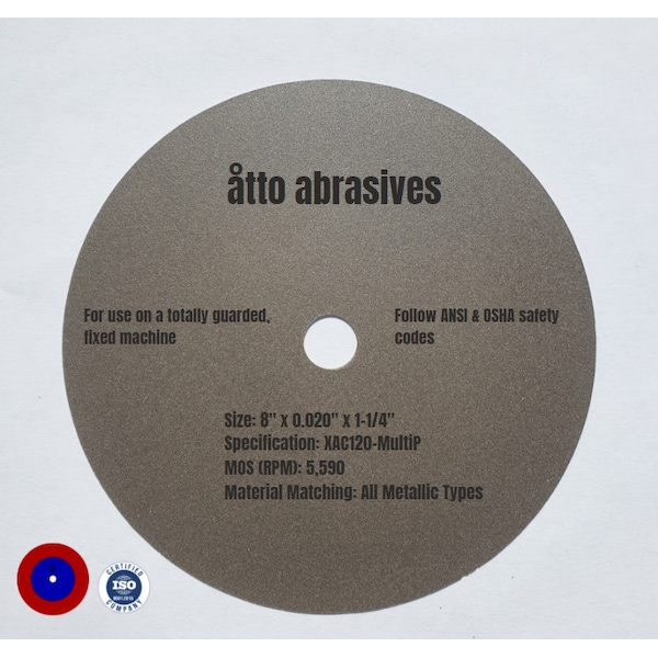 Ruedas de seccionamiento ultradelgadas Atto Abrasives 8"x0.020"x1-1/4" Multiusos - 1W200-050-SG