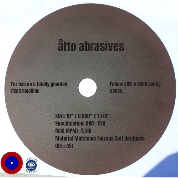 Ruedas de corte ultra delgadas Atto Abrasives 10"x0.040"x1-1/4" Dureza  Férrea Suave Dura - 3W250-100-SS