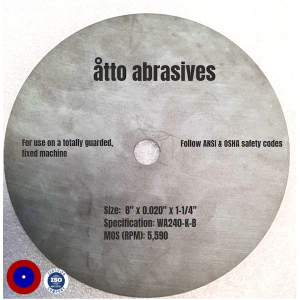 Ruedas de corte de resina sin refuerzo Atto Abrasives de 8" x 0.020" x 1-1/4" - 1W200-050-PD.