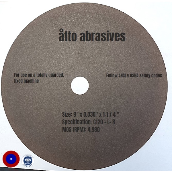 Ruedas de corte sin refuerzo con unión de goma de Atto Abrasives de 9" x 0.030" x 1-1/4" - 3W225-075-PT.