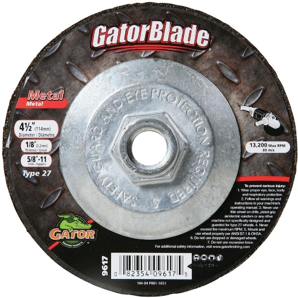 Disco de corte de metal tipo 27 de 4-1/2 pulgadas x 1/8 pulgadas x 5/8 pulgadas -11 de Gator Finishing Blade - 9617
