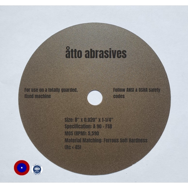 Ruedas de corte ultrafinas para seccionar Atto Abrasives 8"x0.020"x1-1/4" Dureza suave y dura ferrosa - 1W200-050-SS