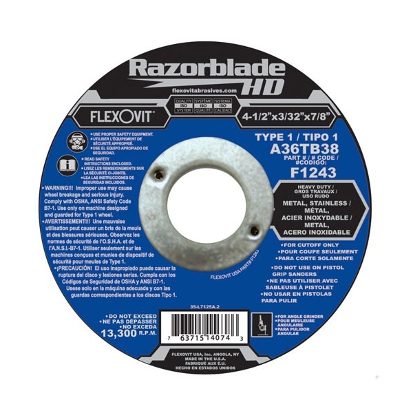 Razorblade HD Rueda de Corte de Alta Resistencia, 4-1/2 pulgadas de diámetro x 3/32 pulgadas de grosor, agujero central de 7/8 pulgadas - F1243