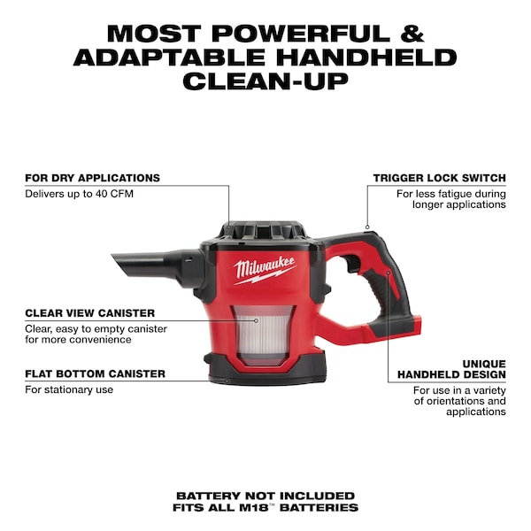Milwaukee Tool M18 Compact Vacuum Kit, 4 ft Hose, 2 Extension Wands, Crevice Tool, Floor Tool, Hepa Filter - 0882-20