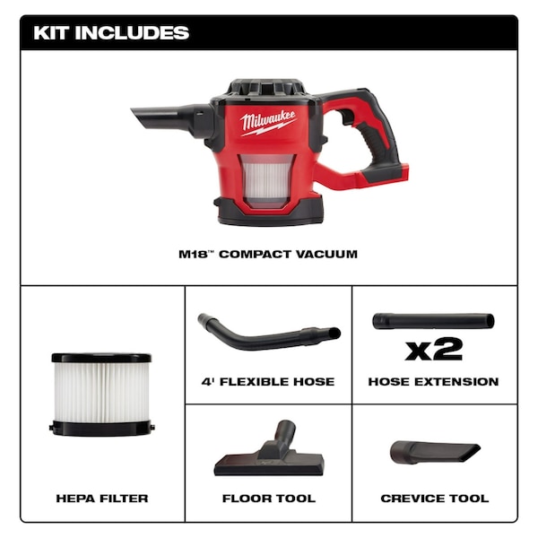 Milwaukee Tool M18 Compact Vacuum Kit, 4 ft Hose, 2 Extension Wands, Crevice Tool, Floor Tool, Hepa Filter - 0882-20