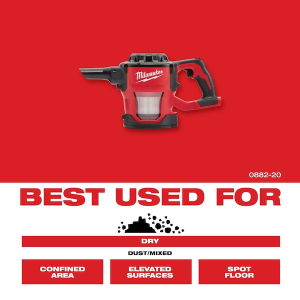 Milwaukee Tool M18 Compact Vacuum Kit, 4 ft Hose, 2 Extension Wands, Crevice Tool, Floor Tool, Hepa Filter - 0882-20