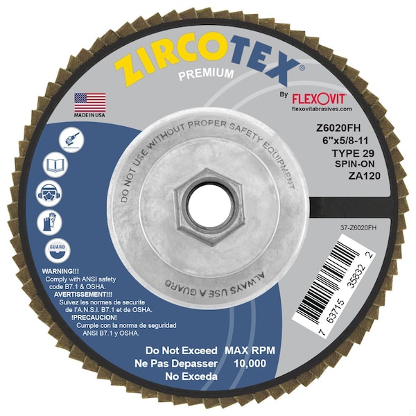 ABRASIVO DE DISCO DE ALETAS ZIRCOTEX Flexovit 6 pulgadas X5/8-11 - Z6020FH