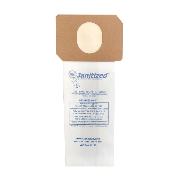 Janitized Filter Bag, Rplcs Electrolux Type U, PK10, 2-ply, Micro Filter, 10 PK - JAN-ELU-2(10)