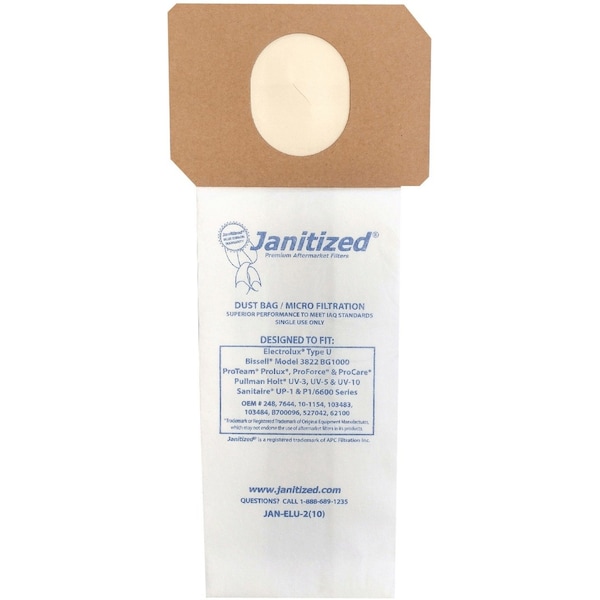 Janitized Filter Bag, Rplcs Electrolux Type U, PK10, 2-ply, Micro Filter, 10 PK - JAN-ELU-2(10)
