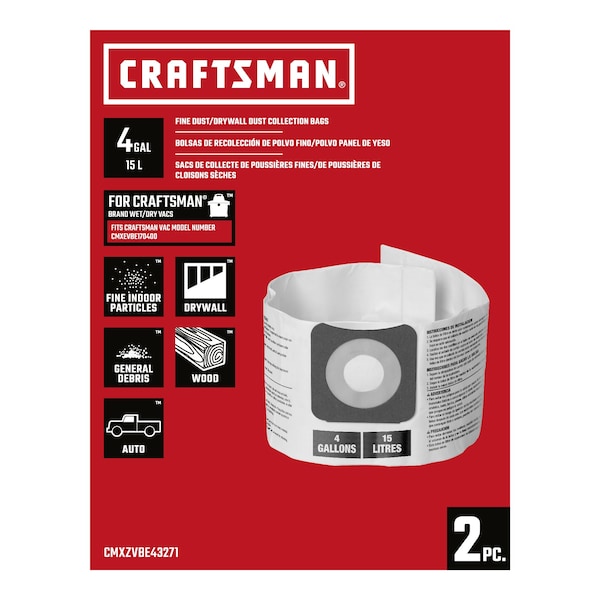 Craftsman Fine Dust Wet/Dry Vac Dust Collection Bags for 4 Gallon Shop Vacuums, 2PK - CMXZVBE43271