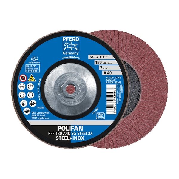Pferd 7" x 5/8-11 Thd. Disco de Aletas POLIFAN® - A SG STEELOX, Óxido de Aluminio, 40 granos, Cónico - 62268