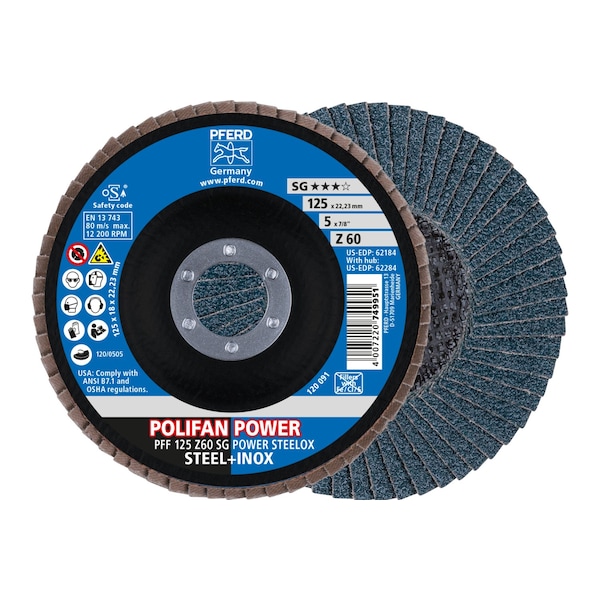 Disco de aletas Pferd 5" x 7/8" A.H. POLIFAN® - Z SG POWER STEELOX, Zirconia, 60 Granos, Plano - 62184