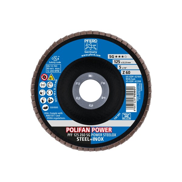 Disco de aletas Pferd 5" x 7/8" A.H. POLIFAN® - Z SG POWER STEELOX, Zirconia, 60 Granos, Plano - 62184