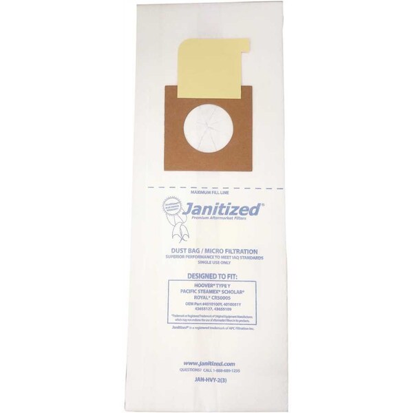 Janitized Vacuum Bag for Hoover Y/Royal CR50005Equivalent to 4010100Y, 4010051Y, 43655127, 3PK - JAN-HVY-2(3)