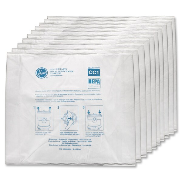 Hoover HushTone HEPA Vacuum Bags, Type CC1, 10 PK - HVRAH10363