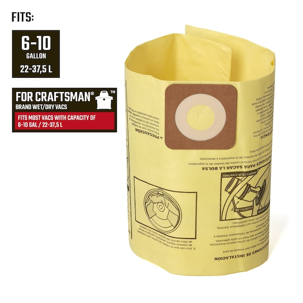 Craftsman Fine Dust Wet/Dry Vac Dust Collection Bags for 6-10 Gallon Shop Vacuums, 2PK - CMXZVBE39970
