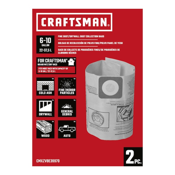 Craftsman Fine Dust Wet/Dry Vac Dust Collection Bags for 6-10 Gallon Shop Vacuums, 2PK - CMXZVBE39970