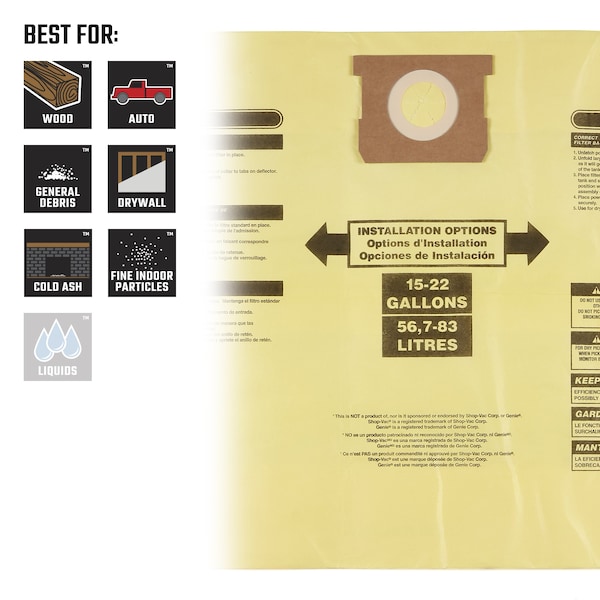 Craftsman Fine Dust Wet/Dry Vac Dust Bags for 15-22 Gal. Shop Vac Branded Vacuums, 2PK - CMXZVBE38769
