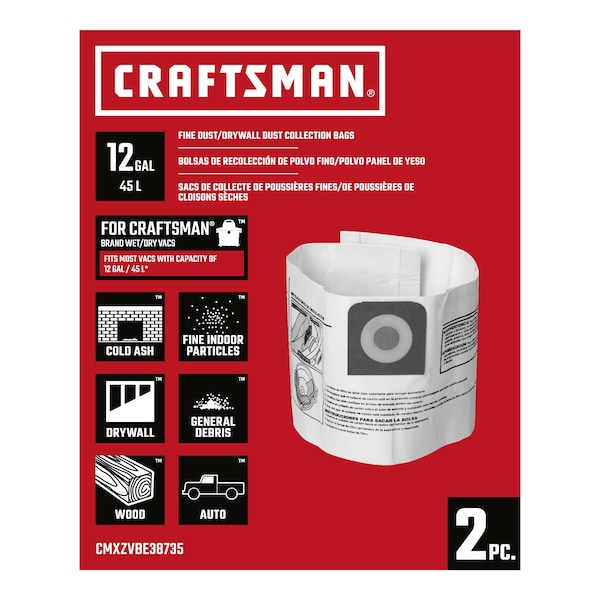 Craftsman Fine Dust Wet/Dry Vac Dust Collection Bags for 12 Gallon Shop Vacuums, 2PK - CMXZVBE38735