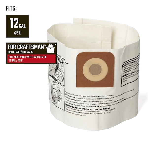 Craftsman Fine Dust Wet/Dry Vac Dust Collection Bags for 12 Gallon Shop Vacuums, 2PK - CMXZVBE38735