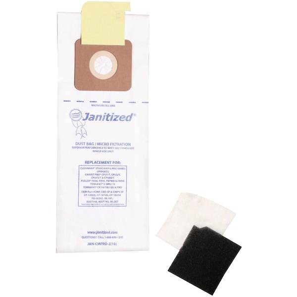 Janitized Filter Bag, Replaces Cleanmax Pro, PK10, 2-ply, Micro Filter, 10 PK - JAN-CMPRO-2(10)