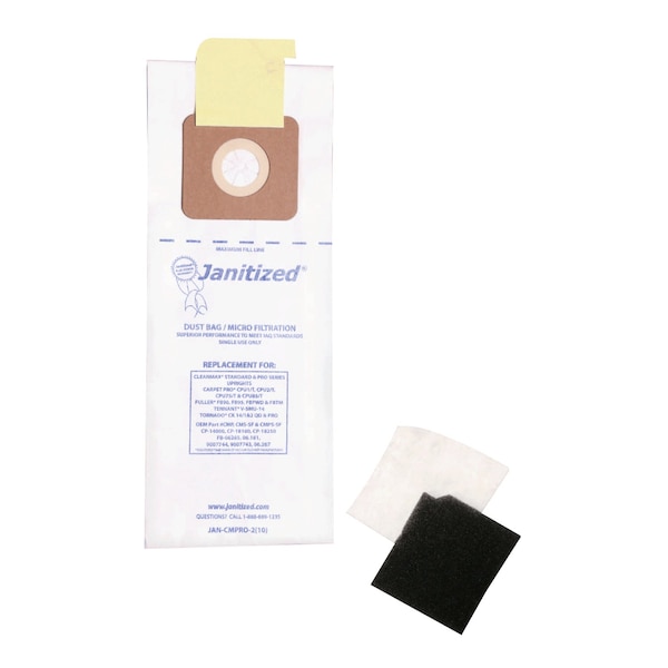 Janitized Filter Bag, Replaces Cleanmax Pro, PK10, 2-ply, Micro Filter, 10 PK - JAN-CMPRO-2(10)