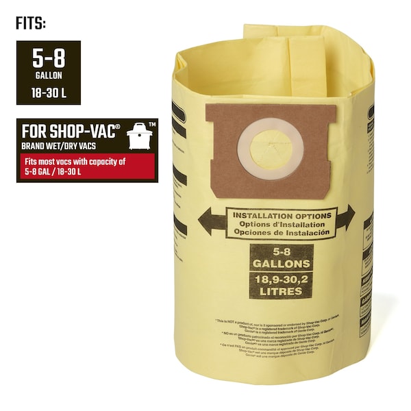 Craftsman Fine Dust Wet/Dry Vac Dust Bags for 5-8 Gal. Shop Vac Branded Vacuums, 2PK - CMXZVBE38775