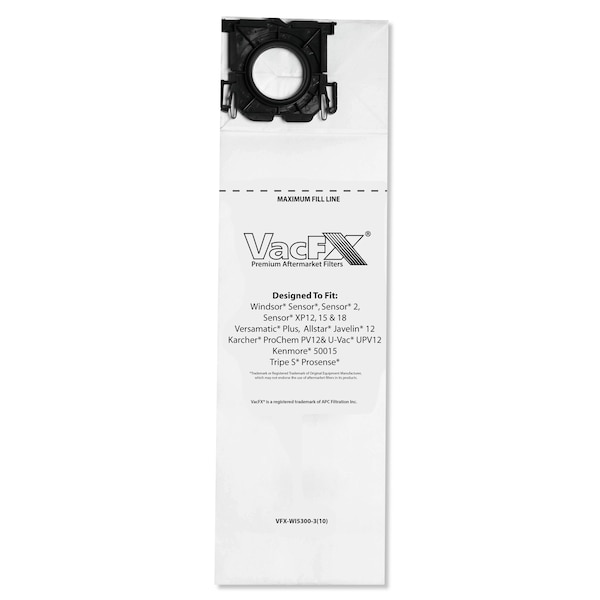 Vacfx Vacuum Filter Bags for Windsor Sensor S/S2/XP/Veramatic Plus, PK100 - VFX-WI5300-3(10)