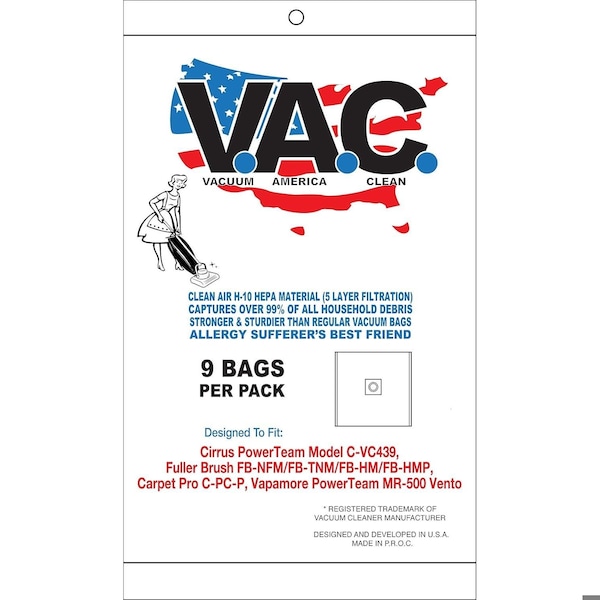 Vacuum America Clean Cirrus Power Team Model C-VC439, Carpet Pro C-PC-P, Vapamore Power Team MR-500 Vento, 9PK - VAC 35
