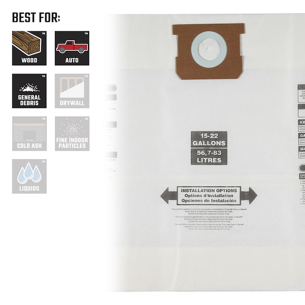 Craftsman Wet/Dry Vac Dust Collection Bags for 15-22 Gal. Shop Vac Branded Vacuums, 3PK - CMXZVBE38772