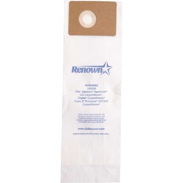 Renown Vacuum Bag for Advance Spectrum Carpetmaster + 2 Prefilter Equivalent To 1471058500, 10PK - PAP615