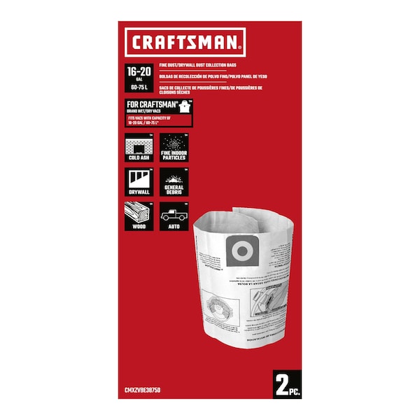 Craftsman Fine Dust Wet/Dry Vac Dust Bags for 16 and 20 Gallon Shop Vacuums, 2PK - CMXZVBE38750