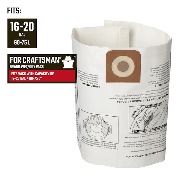 Craftsman Fine Dust Wet/Dry Vac Dust Bags for 16 and 20 Gallon Shop Vacuums, 2PK - CMXZVBE38750