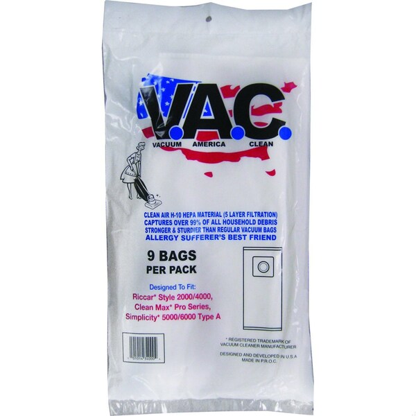 Vacuum America Clean Riccar Style 2000/4000, Clean Max Pro Series, Simplicity 5000/6000 Type A, 9PK - VAC 27