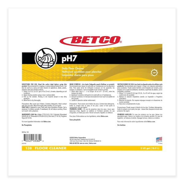 Betco pH7 Floor Cleaner, Lemon Scent, 5 gal Bag-in-Box - 138B500