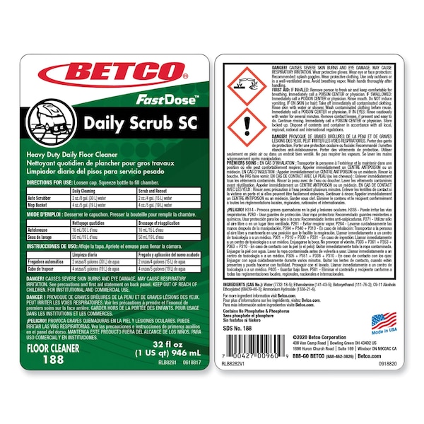 Betco Daily Scrub SC Floor Cleaner, Characteristic Scent, 32 oz Bottle, 6PK - 1884800