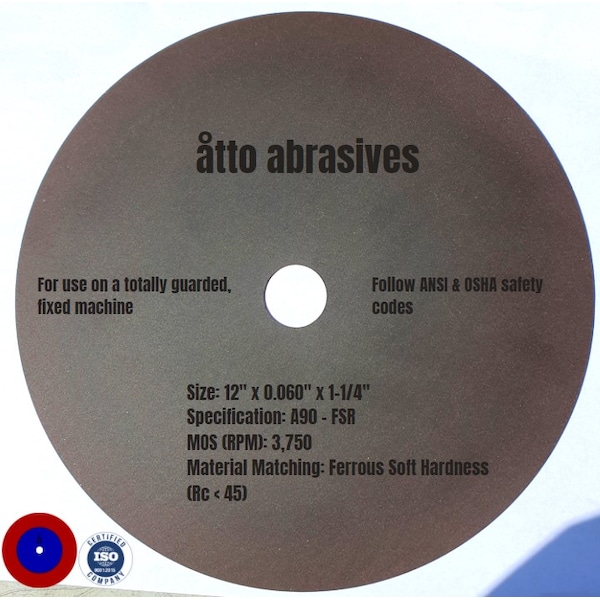 Ruedas de seccionado ultra delgadas de Atto Abrasives 12"x0.060"x1-1/4" Dureza de Ferrosos Blandos y Duros - 3W300-150-SS
