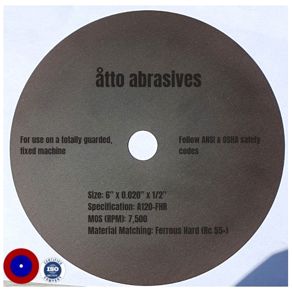 Ruedas de seccionado ultra delgadas de Atto Abrasives 6"x0.020"x1/2" Ferrous Hard Rc 55+ - 3W150-050-SH