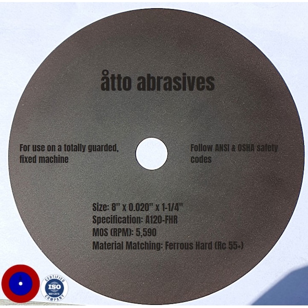 Ruedas de seccionado ultrafino Atto Abrasives 8"x0.020"x1-1/4" Ferrous Hard Rc 55+ - 3W200-050-SH