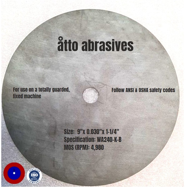 Ruedas de corte de resina no reforzada Atto Abrasives de 9" x 0.030" x 1-1/4" - 1W225-075-PD
