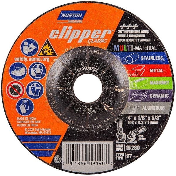 Muela de rectificado y corte de la serie Norton Clipper Clipper Classic AC AOSC, 4 pulgadas de diámetro, 1/8 pulgadas de grosor, 5/8 pulgadas de arborio - 70184609140.