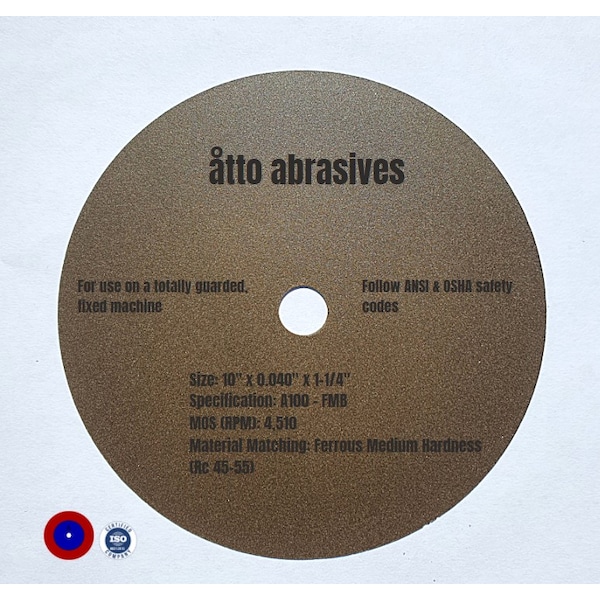 Ruedas de corte ultra delgadas para sección Atto Abrasives 10"x0.040"x1-1/4" Ferrous Medium Hard - 1W250-100-SM