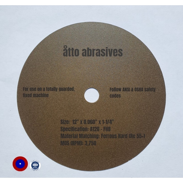 Ruedas de seccionamiento ultradelgadas Atto Abrasives 12"x0.060"x1-1/4" Ferrosas Duras Rc 55+ - 1W300-150-SH