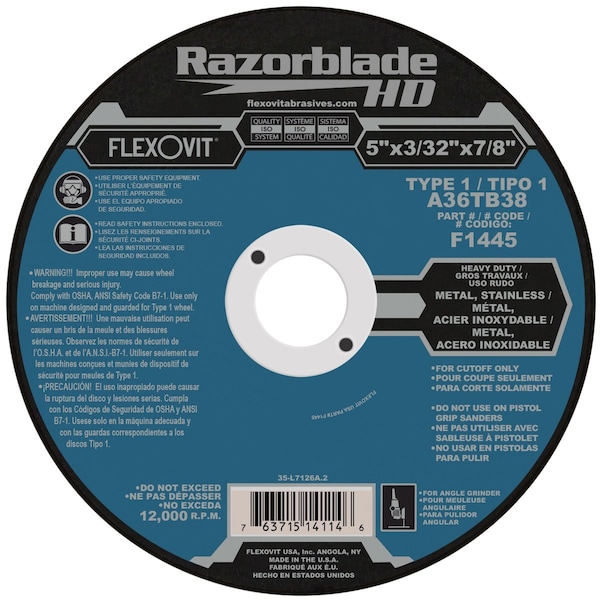 Flexovit Razorblade HD Rueda de corte de alta resistencia, 5 pulgadas de diámetro x 3/32 pulgadas de grosor, agujero central de 7/8 pulgadas, 36 - F1445.
