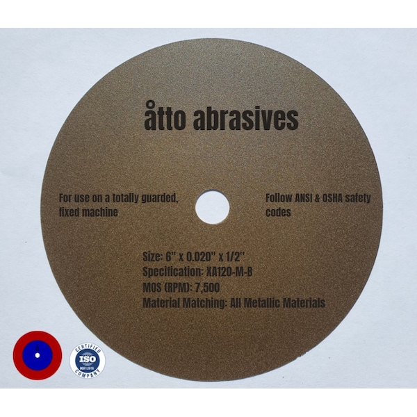 Ruedas de corte sin refuerzo de resina de Atto Abrasives de 6" x 0.020" x 1/2" - 1W150-050-PG