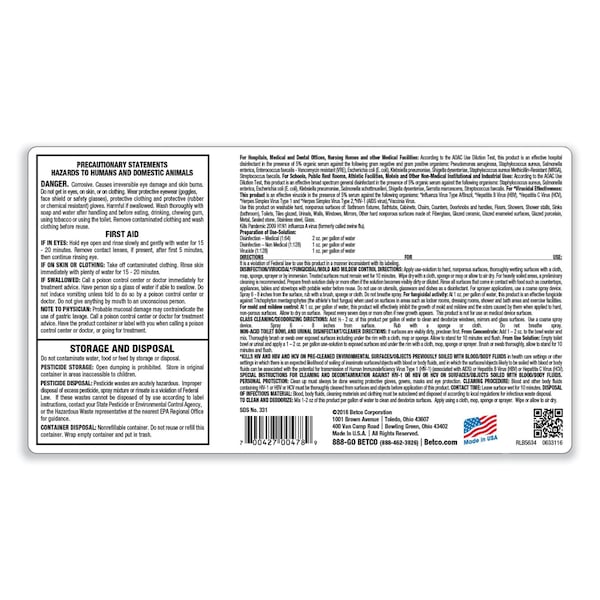 Betco AF79 Acid-Free Bathroom Cleaner Concentrate, Ocean Breeze Scent, 2 L Bottle, 4PK - 3314700