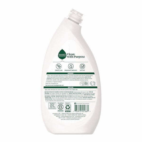 Seventh Generation Toilet Bowl Cleaner, Fresh Mint Scent, 24 oz Bottle, 4PK - 10732913451668