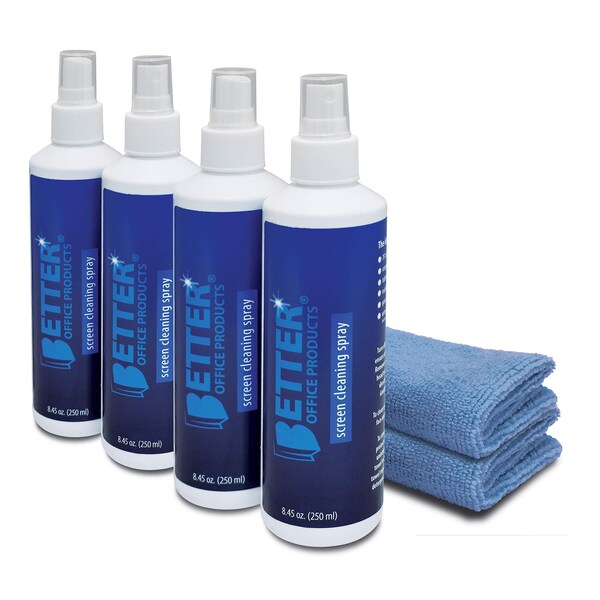 Better Office Products Screen Cleaner Spray Kit/4 Spray Bottles Each 8.45 Oz 2 Ex-Large Microfiber Cleaning Towels, 4PK - 31408